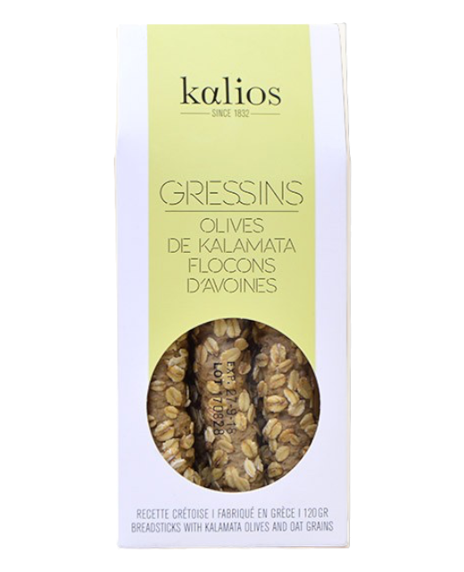 GRESSINS CRETOIS A L'HUILE D'OLIVE - OLIVES DE KALAMATA ET FLOCON D'AVOINE - 120G - KALIOS
